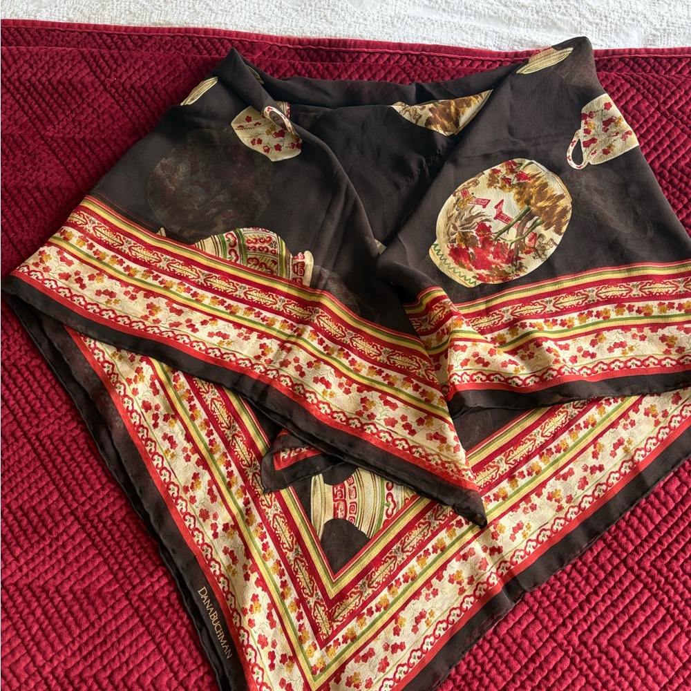 Dana Buchman 100% Silk Brown and Orange Patterned Scarf.  ~41” square